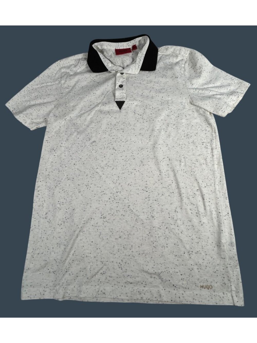 Hugo Boss White Speckled Polo Shirt Men's L Black Collar Cotton Linen Blend Logo
